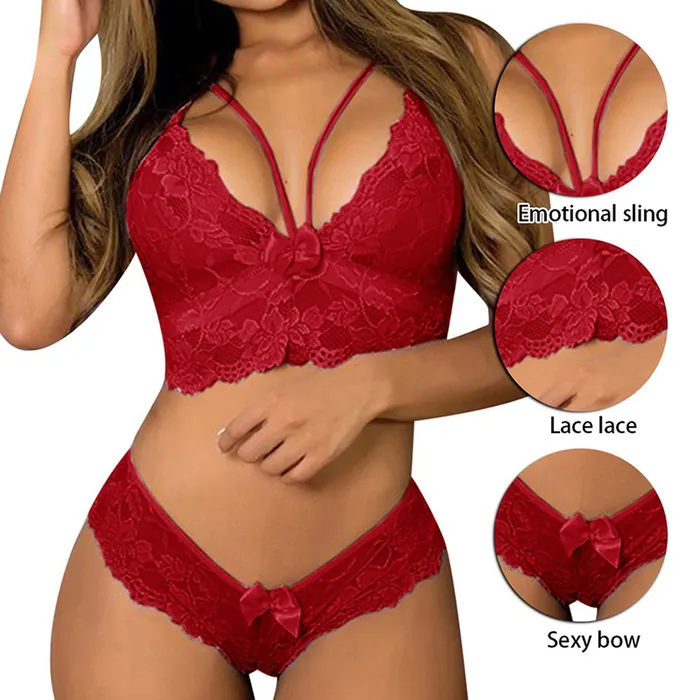 EVEs SECRETS Anal Womens Sexy Solid Lace Underwear Set Erotic Female Floral Lace BrasThongs