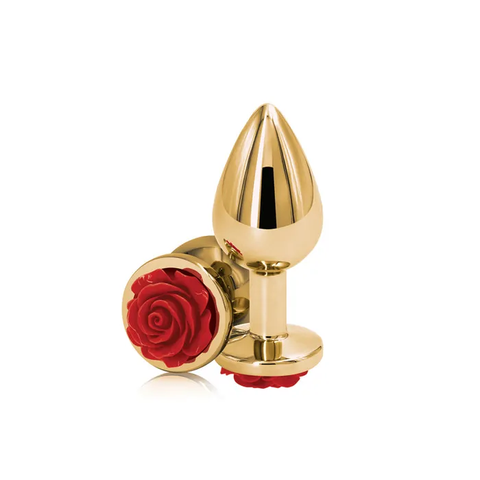 Lonbrook Anal Medium Gold Metal Butt Plug with Red Rose Base